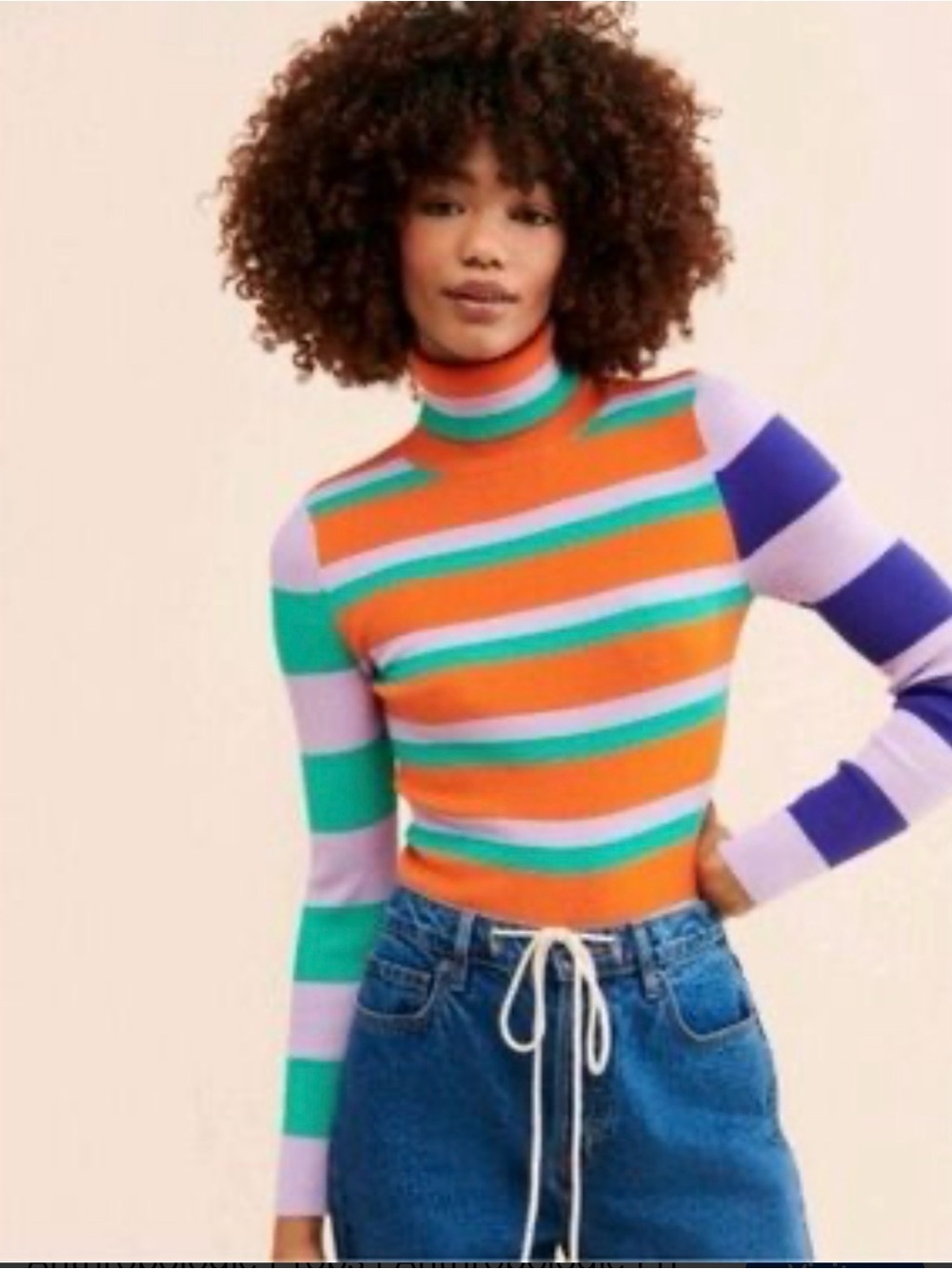 Maeve Striped Ribbed Turtleneck Sweater, Size M, Color Orange/Purple/Green